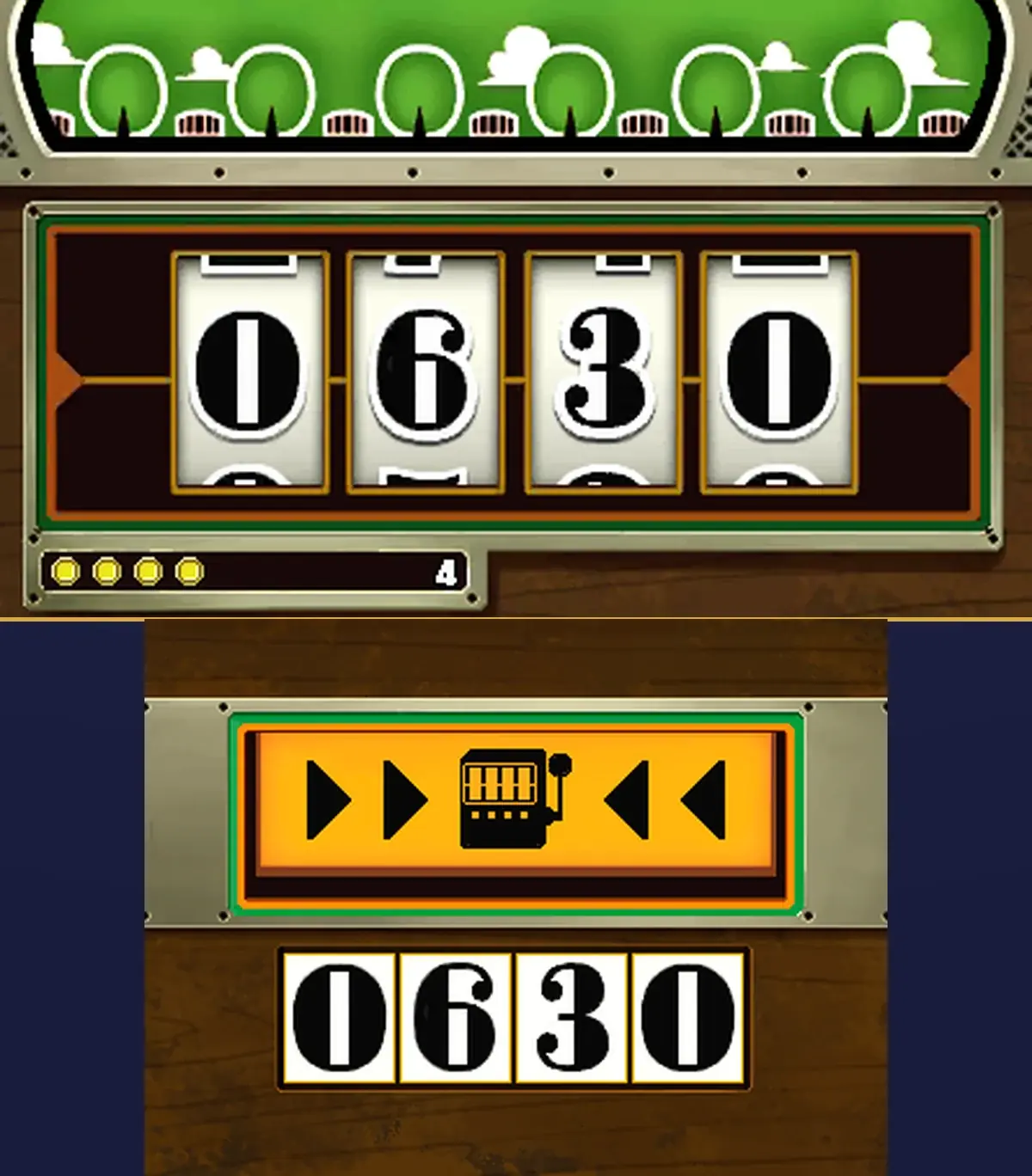The finished puzzle: on the top screen, the slot machine's reels now read 0, 6, 3, 0 and the counter shows four yellow lights and the number 4; on the touch screen, the orange button and the four number tiles set to 0, 6, 3, 0