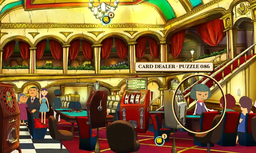 The card tables up close: a tall wooden roulette cabinet on the left with an old woman, a man in a suit and a young woman in a blue dress beside it, a red slot machine and a pale grey slot machine in the middle, and on the right a green-haired dealer in a purple waistcoat and red bow tie standing behind a card table; a gold ring labelled Card dealer, Puzzle 086 circles the dealer, coin ring 3 marks the floor at the foot of the pale slot machine's stand, beside a red chair, and coin ring 4 marks the bottom of the chandelier at the top