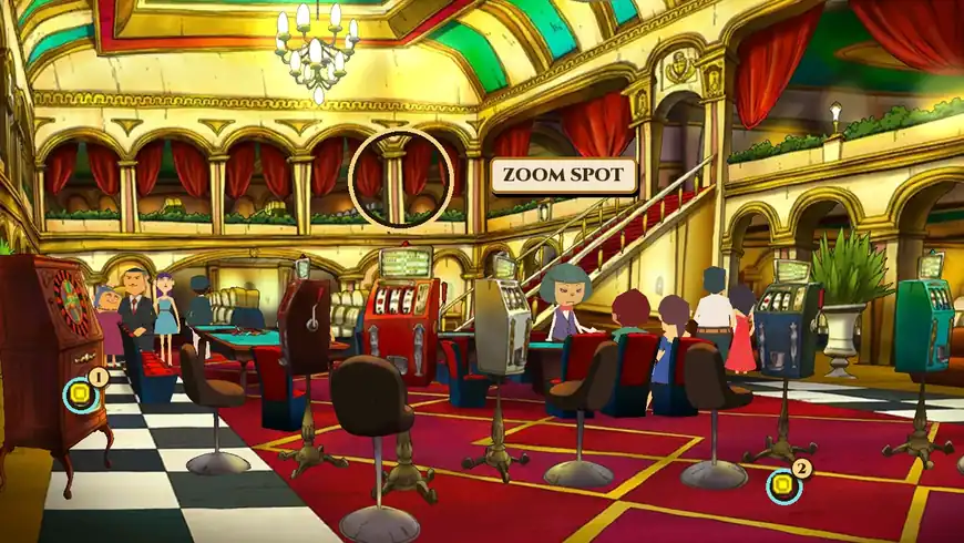 Inside the Casino: a golden hall with red-curtained balconies, a chandelier hanging from the ceiling and a red-carpeted staircase on the right; a tall wooden roulette cabinet stands at the far left, slot machines and tall stools stand on a red carpet, people stand around the card tables, and a green-haired dealer stands behind a table in the middle; a gold ring labelled Zoom spot circles the area just above the red slot machine in the middle, and two numbered coin rings mark the lower part of the roulette cabinet and the floor under the dark blue slot machine on the right