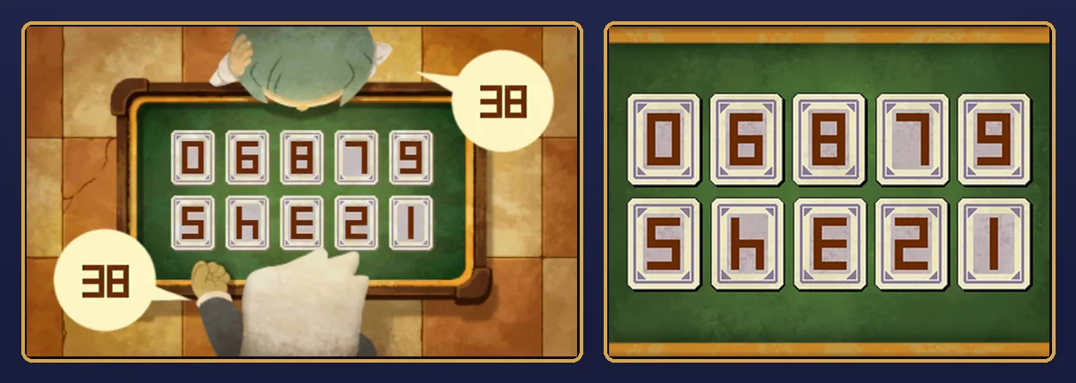 The finished puzzle: on the top screen, the card table from above with the top row now reading 0, 6, 8, 7, 9, and a speech bubble saying 38 beside both the dealer at the far side and the player at the near side; on the touch screen, the ten cards with the fourth card in the top row turned so it reads 7