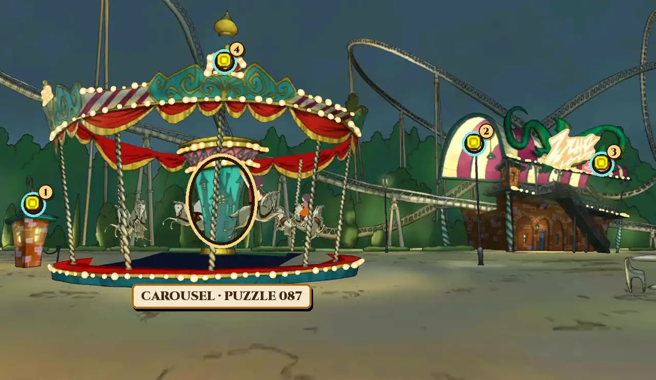 The Carousel in Pumpkin Park at night: a carousel with a red-and-teal canopy edged with lights, white horses on twisted poles, two riders and a teal center column, with roller coaster tracks and dark trees behind it; on the left, a small brick stall with a pointed roof; on the right, a lamp post in front of a pink-and-cream striped arch, and a brick building with a green dragon on its roof breathing a pink flame; a gold ring labelled Carousel, Puzzle 087 circles the carousel's center column, and four numbered rings mark the stall roof, the top of the lamp post, the dragon's flame and the top of the carousel canopy