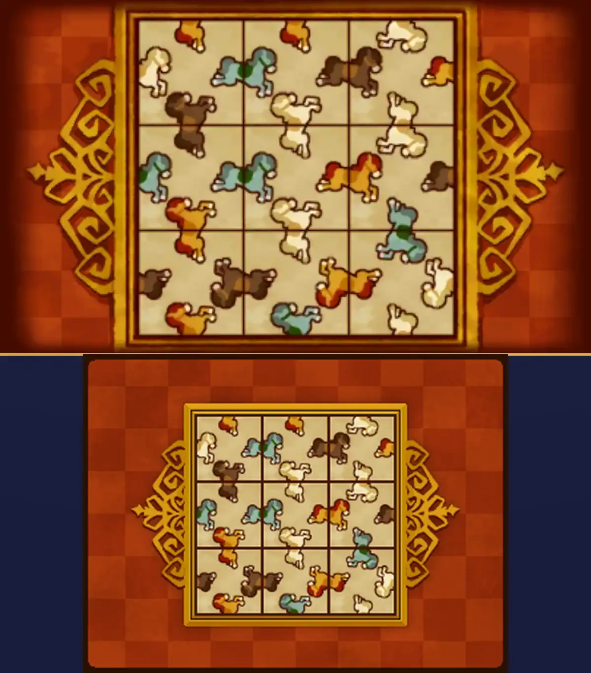 The finished puzzle: on the top screen, the completed board in its gold frame on a red checked background; on the touch screen, the same nine tiles with every pair of halves where two tiles meet forming one complete horse in a single color, cream, blue, dark brown or orange