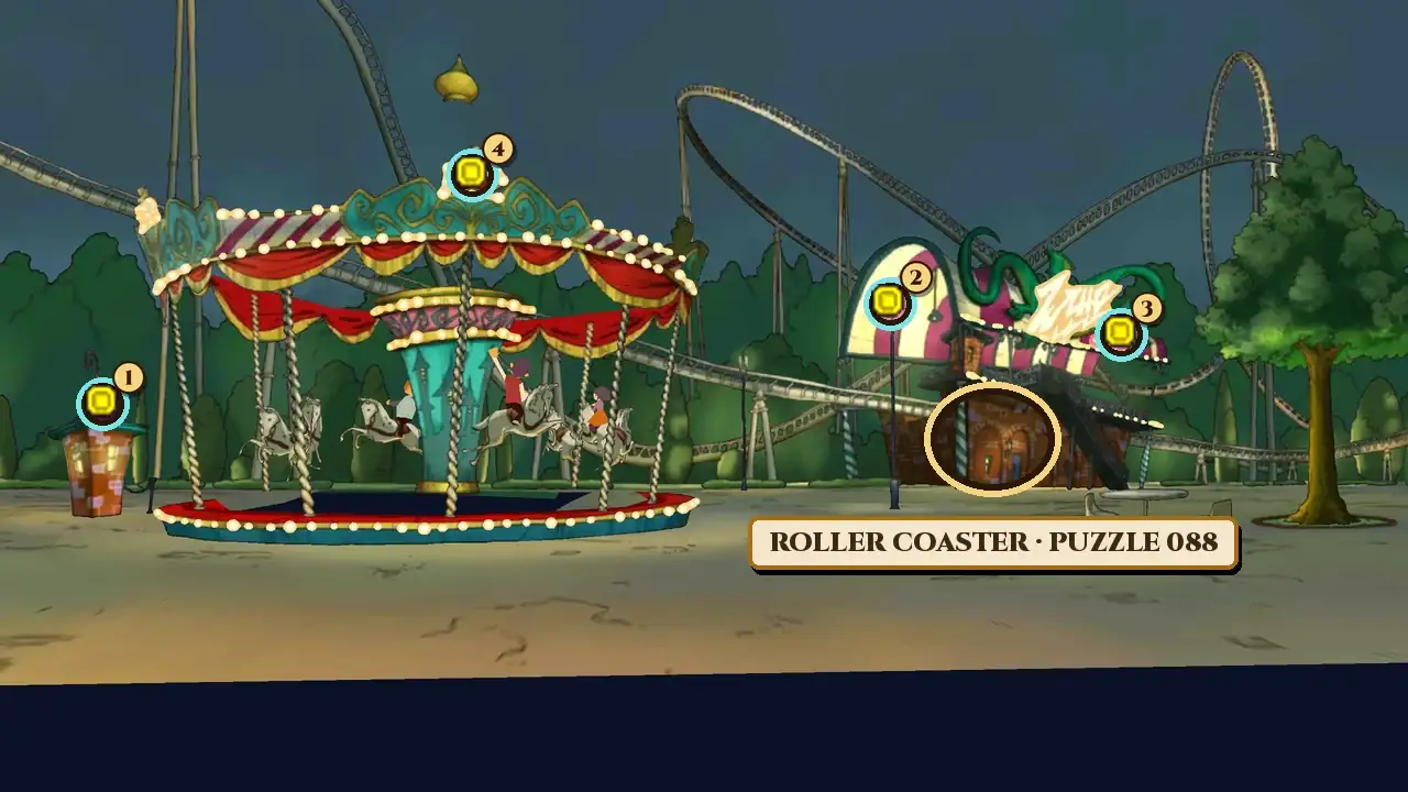 The Carousel in Pumpkin Park at night: a lit-up carousel with a red and teal canopy, white horses and riders on the left, a small brick kiosk at the far left, roller-coaster track looping across the sky behind, and on the right a brick station with a striped awning and a green dragon sign, next to a leafy tree and a white table and chairs; a gold ring labelled Roller coaster, Puzzle 088 circles the bottom of the brick station, and four numbered coin markers sit on the kiosk roof, on top of the lamp post by the station, on the flame of the dragon sign and on the crown of the carousel