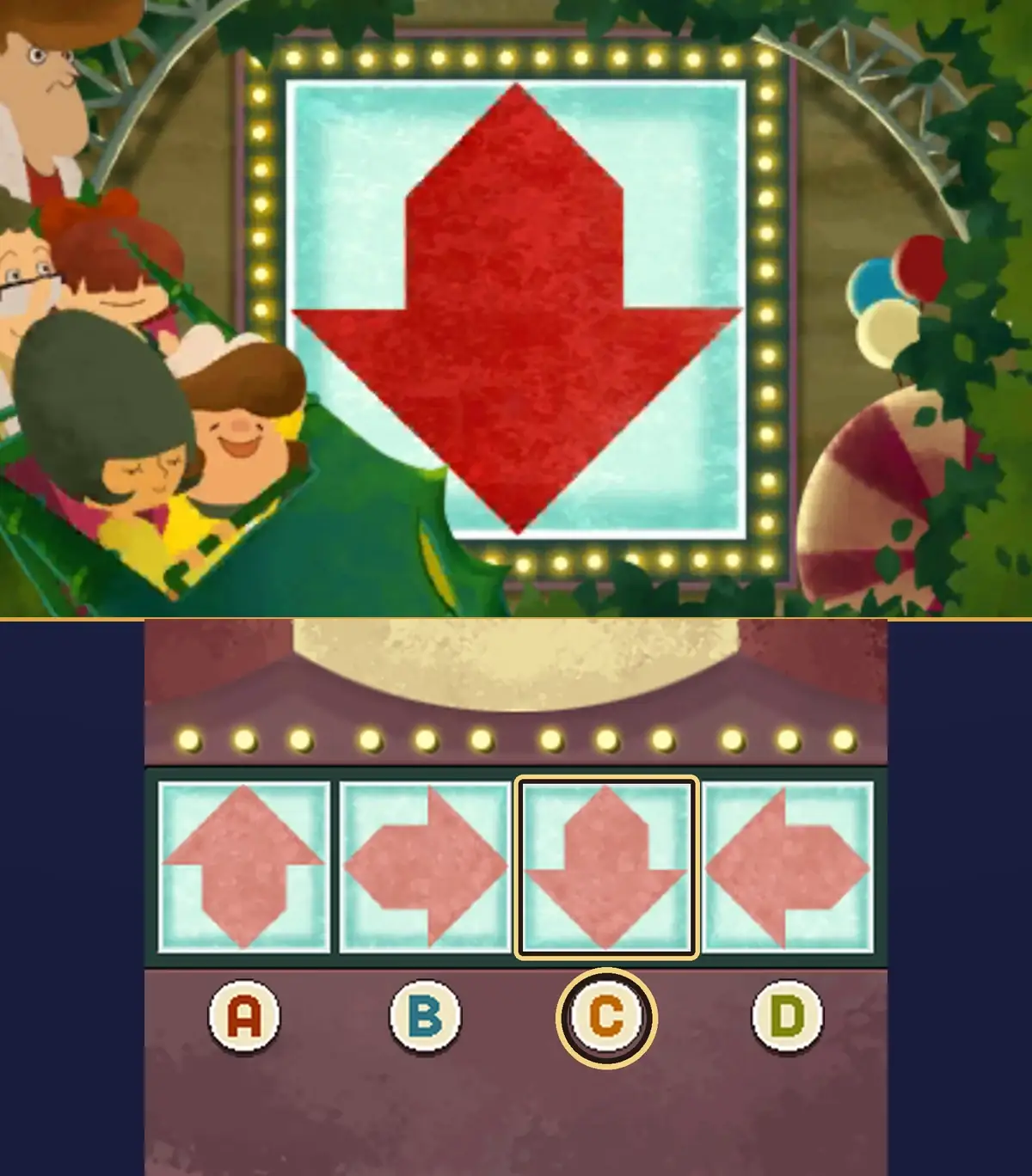 The finished puzzle: on the top screen, the glass panel in its frame of yellow bulbs now shows a single deep red arrow pointing down, while a green dragon-shaped roller-coaster car full of smiling riders passes on the left; on the touch screen, panel C with its down arrow and the C button below it are circled in gold