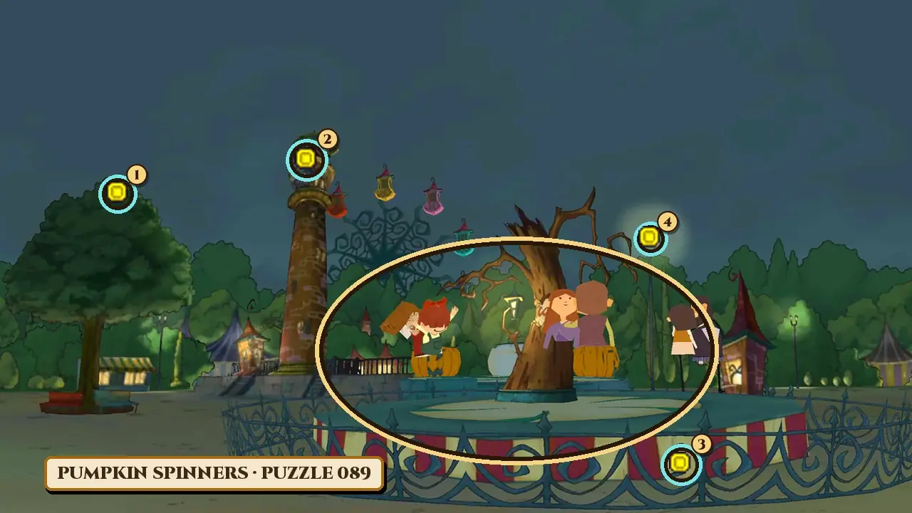 Pumpkin Spinners in Pumpkin Park at night: a round teacup ride with a red-and-cream striped base behind an iron fence, a bare twisted tree in its middle and riders sitting in orange pumpkin cups and two people standing at the right of the ride; behind it, a tall brick tower, a Ferris wheel with colored gondolas, a glowing lamp post, a small pointed-roof building and dark trees; on the left, a big leafy tree; a gold ring circles the middle of the teacup ride, a label reads Pumpkin Spinners, Puzzle 089, and four numbered rings mark the top of the big tree, the top of the brick tower, the fence at the front right and the top of the lamp post