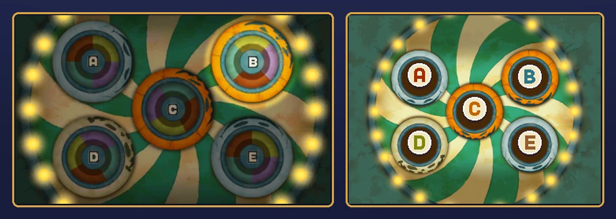 The finished puzzle: on the top screen, the five cups standing still, with cup B at the top right lit up brightly and cups A, C, D and E dimmed; on the touch screen, the five cups with their letter buttons A to E