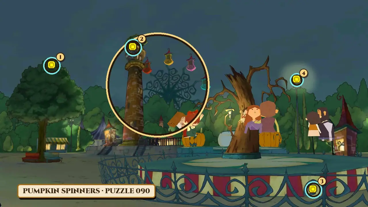 Pumpkin Spinners in Pumpkin Park at night: a tall brick tower with a Ferris wheel and its colored gondolas behind it; in front, a round teacup ride with a red-and-cream striped base behind an iron fence, a bare twisted tree in its middle and riders sitting in orange pumpkin cups; on the right, a glowing lamp post, two people standing and a small pointed-roof building; on the left, a big leafy tree; a gold ring circles the brick tower and the Ferris wheel, a label reads Pumpkin Spinners, Puzzle 090, and four numbered rings mark the top of the big tree, the top of the brick tower, the fence at the front right and the top of the lamp post