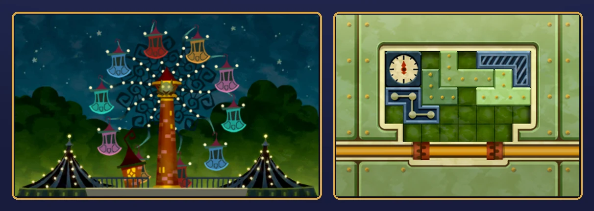 The finished puzzle: on the top screen, the Ferris wheel at night with its gondolas in new positions and no move sign on the tower; on the touch screen, the yellow cable section in the gap at the bottom, joining the cables on both sides into one, with the clock, the blue pipe piece, the two green Ls, the green T and the striped blue piece packed into the top part of the grid
