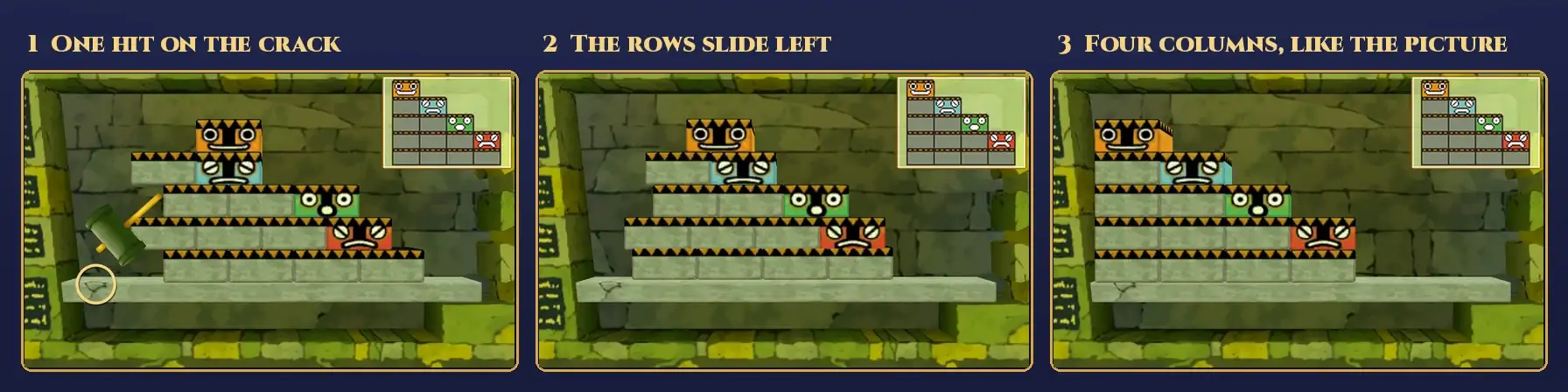 Three panels. Panel 1, One hit on the crack: the mallet just above a gold ring around a small crack at the left end of the stone base. Panel 2, The rows slide left: the rows partway along the base, moving left. Panel 3, Four columns, like the picture: the blocks lined up at the left end of the base in columns of five, four, three and two blocks, with the orange, blue, green and red faces on top, matching the small picture in the top right corner