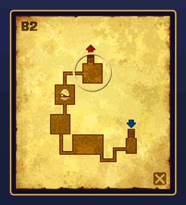 The Ruins B2 map on old yellow parchment: B2 in the top left corner, brown rooms and corridors, a blue arrow above a small room on the right, a red arrow above a square room at the top, a pale round emblem in the room below it on the left, a close button in the bottom right corner, and a gold ring around the square room at the top