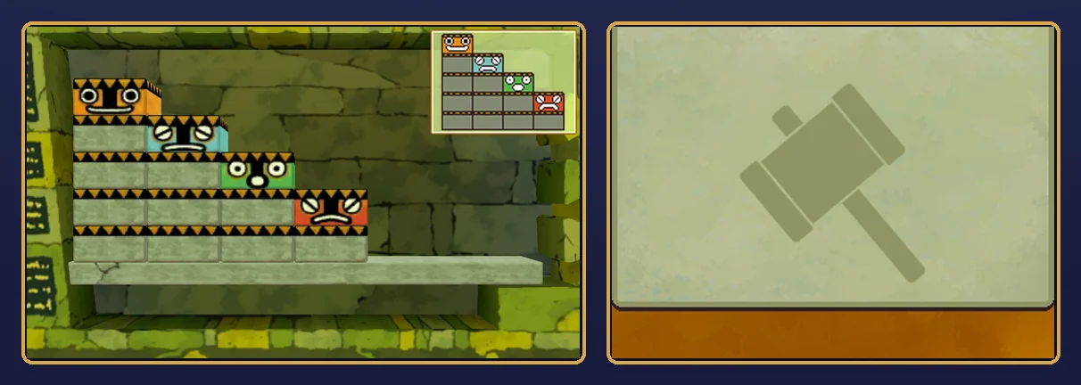 The finished puzzle: on the top screen, the blocks at the left end of the stone base in four columns like a staircase, five, four, three and two blocks tall, with the orange, blue, green and red faces on top, matching the small picture in the top right corner; on the touch screen, the pale green pad with the faint mallet outline