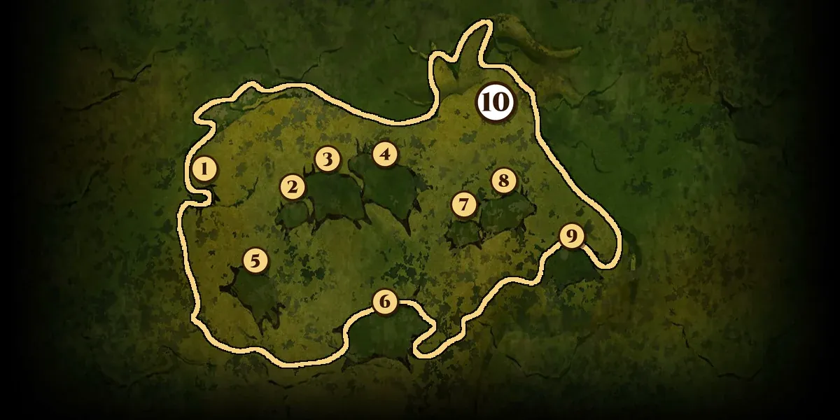 The whole cave painting, fully lit: a huge yellow bull shape outlined in gold, with a horn sticking up at the top right, covers most of the green rock wall; nine small dark green bulls on and around it are numbered 1 to 9, and a white badge with the number 10 sits on the giant bull near its horns