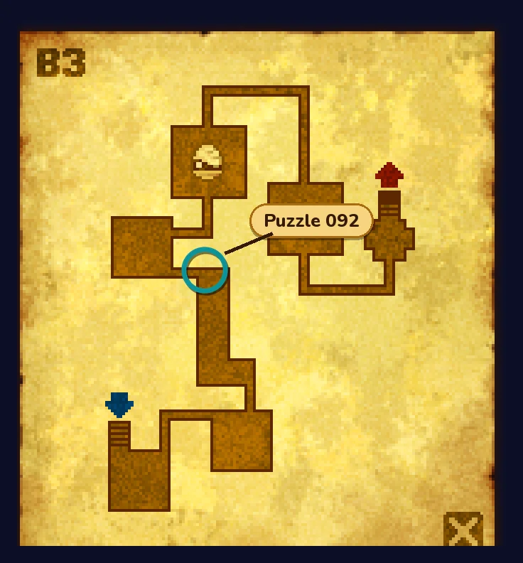 The Ruins B3 map on old yellow parchment: brown rooms and corridors, a blue arrow at the room at the bottom left, a red arrow at the room at the top right, a pale round emblem in the room at the top, and a teal ring at the top end of the long corridor in the middle, with a label reading Puzzle 092
