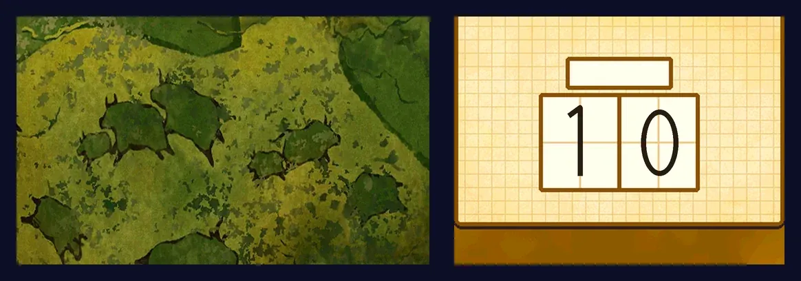 The finished puzzle: on the top screen, the painting fully lit, with several small dark green bulls on the yellow rock; on the touch screen, two answer boxes on squared paper with 1 written in the left box and 0 in the right box