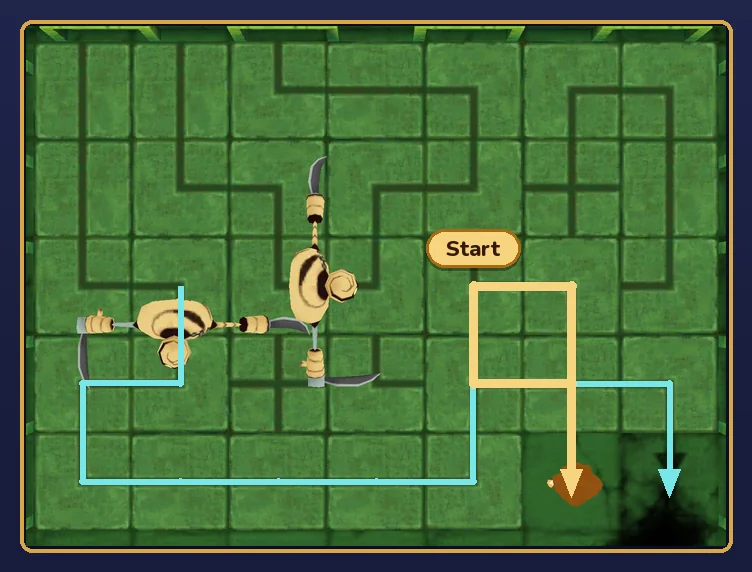 The room from directly above after the first eight moves: a gold line traces Hershel's route from the start square, right, down, right, up, left, down, right and down, ending in the bottom row next to the pit; a pale blue line traces the first mummy's route down the left side, along the bottom row, up one tile and across to the tile above the pit, then down into the pit