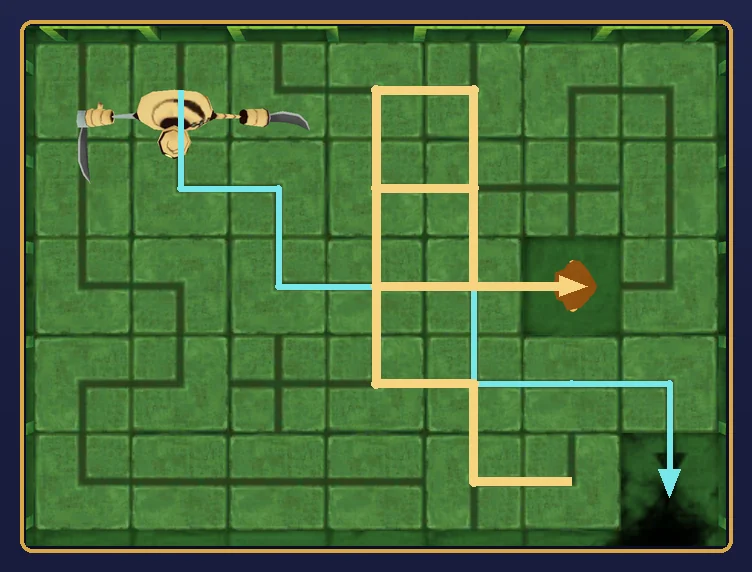 The room from directly above after the last eleven moves: a gold line traces Hershel's route from one row below the middle, up three times, right, down twice, left, up, right, down and right; a pale blue line traces the second mummy's route from the top-left corner down and right through the middle of the room, down a row, then right to the tile above the pit and down into the pit