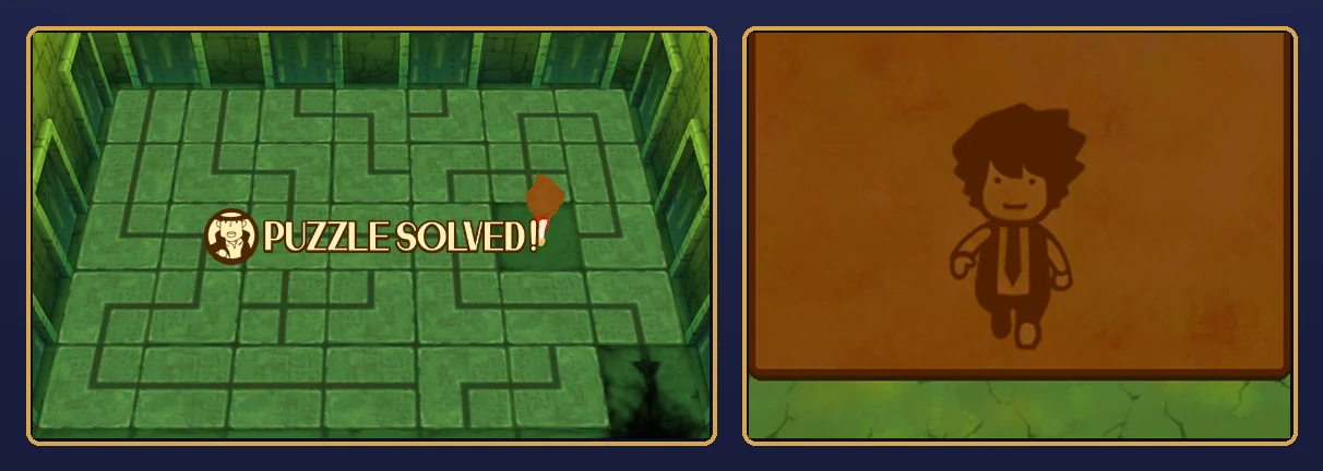 The finished puzzle: on the top screen, the green stone room with no mummies left, young Hershel standing on the right side of the floor and a Puzzle Solved banner across the middle; on the touch screen, the brown stone pad with young Hershel
