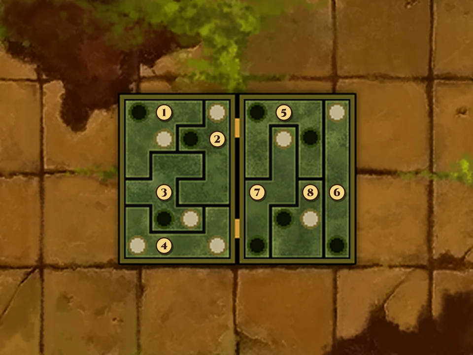 The touch screen with the case filled: all eight green stone blocks packed into the two halves with no gaps, each marked with its number badge; left half, top to bottom: 1 in the top left corner, 2 down the right edge, 3 in the middle and 4 along the bottom; right half: 5 across the top, 7 down the middle and into the bottom left corner, 8 at the bottom middle and 6 down the far right column