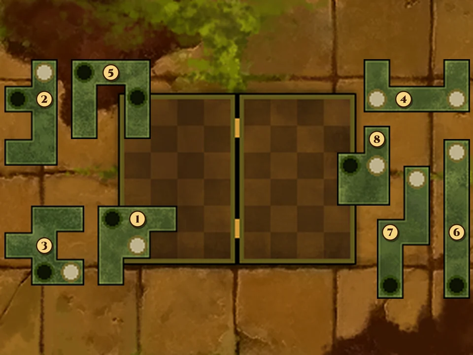 The touch screen at the start, larger: the open case as two empty brown checkered halves, with eight green stone blocks around it, each marked with a number badge from 1 to 8; the blocks have white studs and black holes