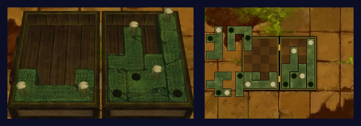 Partway through: on the top screen, the open case with a wide U-shaped green block along the bottom of the left half and three green blocks filling most of the right half; on the touch screen, the same four blocks in the case, with four more blocks still outside on the left
