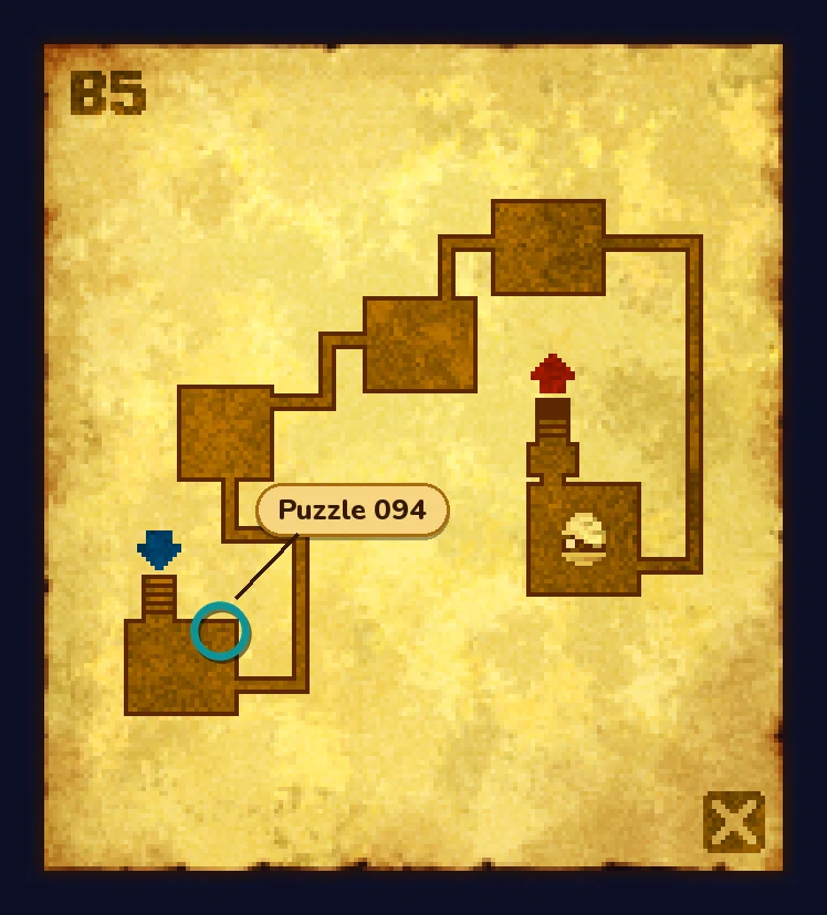 The Ruins B5 map on old yellow parchment: brown rooms joined by corridors, a blue arrow above the room at the bottom left, a red arrow above the room on the right with a pale round emblem in it, and a teal ring near the top right corner of the room at the bottom left, with a label reading Puzzle 094