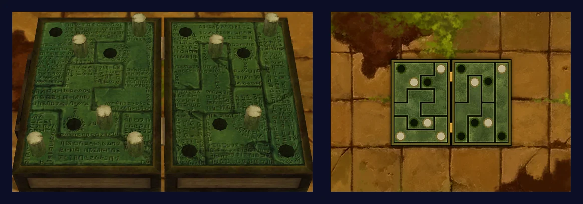 The finished puzzle: on the top screen, both halves of the open case completely filled with green stone blocks carved with patterns and dotted with white studs and black holes; on the touch screen, all eight blocks packed into the case with no gaps