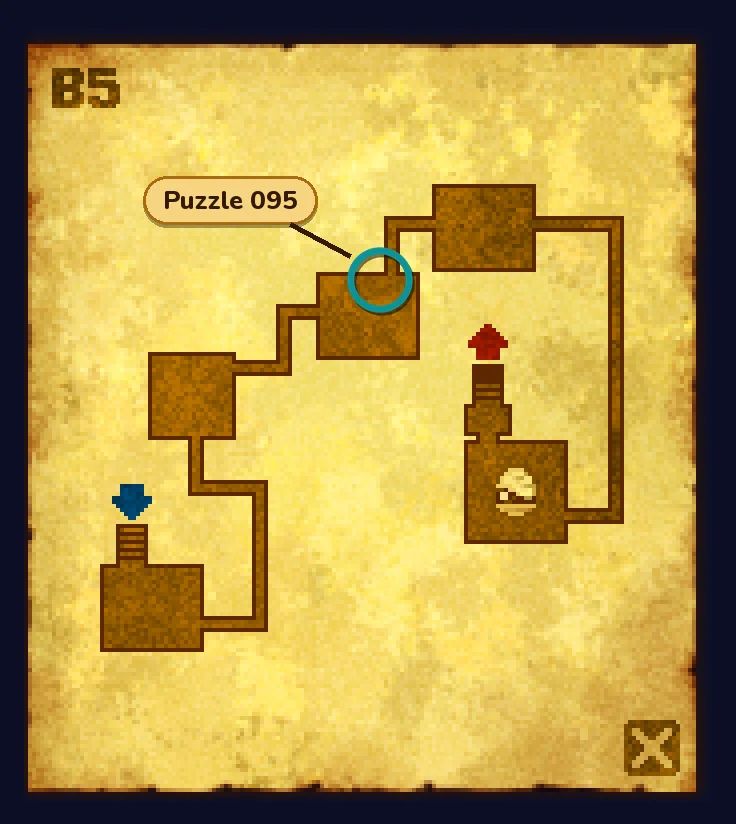 The Ruins B5 map on old yellow parchment: brown rooms joined by corridors, a blue arrow at the room at the bottom left, a red arrow above the room on the right with a pale round emblem, and a teal ring on the top wall of the room in the middle, with a label reading Puzzle 095