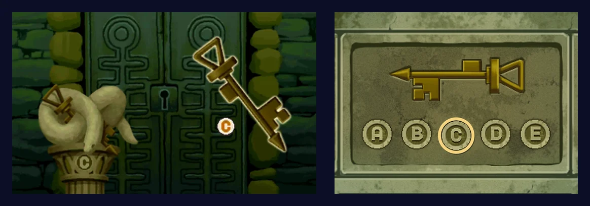 The finished puzzle: on the top screen, the stone snake on pillar C in front of the green door, with a large gold key with a triangular grip and a C badge beside it; on the touch screen, the plaque with the C button pressed and circled in gold