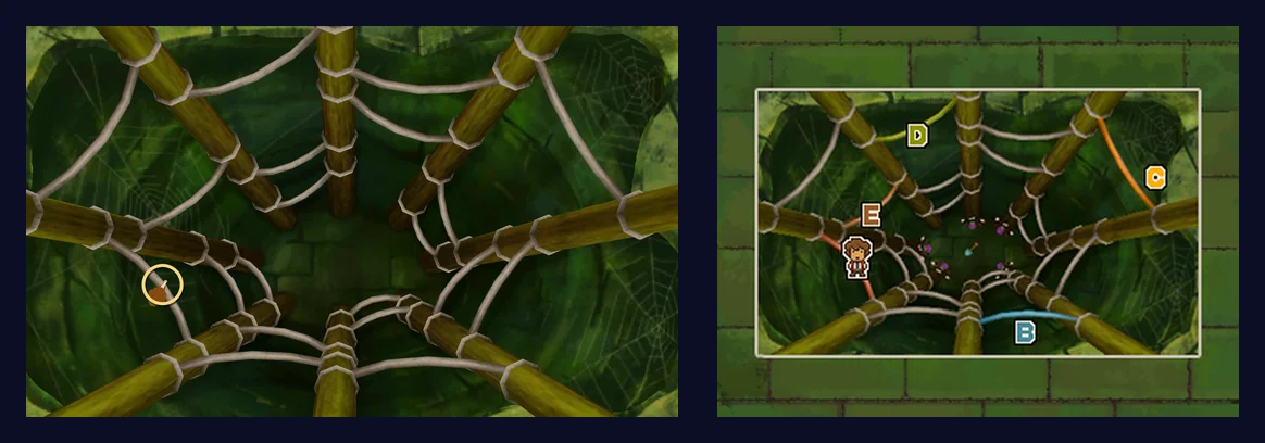 The finished puzzle: on the top screen, the pit with no spiders and no shovel left in it, and young Hershel, a small figure ringed in gold, standing on the rope between the left pole and the lower-left pole; on the touch screen, a little Hershel icon in place of the A tile, with tiles B, C, D and E still showing