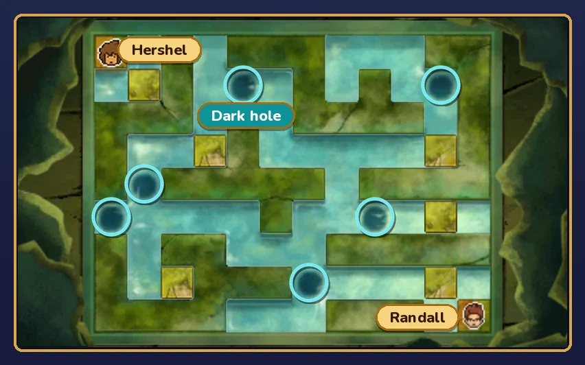 The canals seen from directly above at the start: green walkways and pale blue canals on a twelve by nine grid; labels mark Hershel in the top-left corner and Randall in the bottom-right corner, and teal rings circle the six dark holes in the water, one of them labelled Dark hole