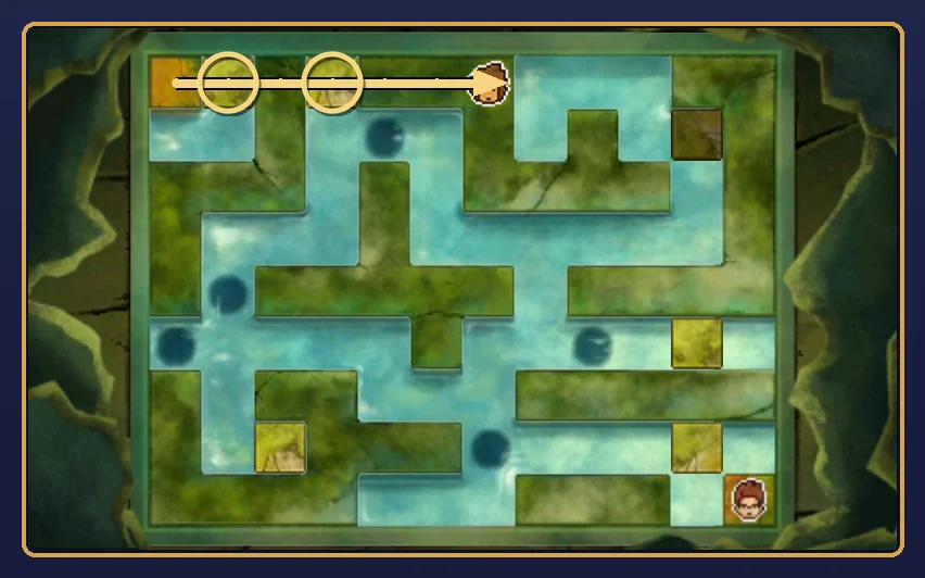The canals from directly above after the first two moves: two stepping stones sit in the top row with rings around them, a gold line runs along the top row from the top-left corner to Hershel's face on the walkway in the top center, and a stone fills the hole near the top-right corner