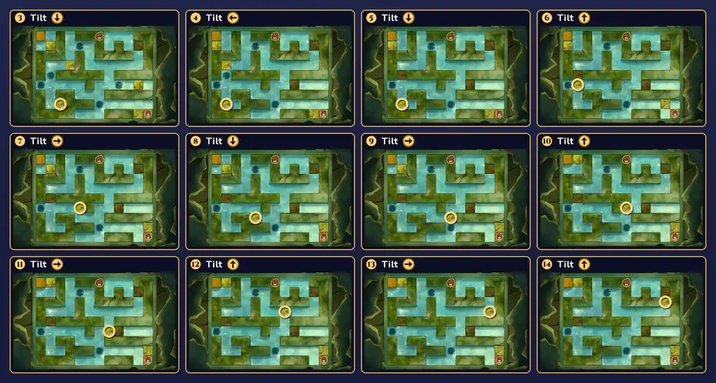 Twelve small pictures of the canals from directly above, one for each of moves 3 to 14, each labelled with the move number, the word Tilt and an arrow; a gold ring follows the stone that starts in the bottom-left corner as it travels across the floor to stop below the stone in the hole near the top-right corner