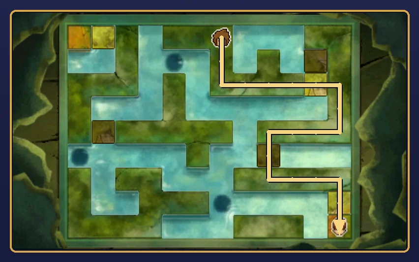 The canals from directly above after move 14: a gold line traces Hershel's walk from the top walkway, over the two stones near the top-right corner, down the right side, across a plugged hole and over the stone just above Randall to Randall's face in the bottom-right corner