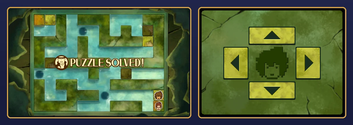 The finished puzzle: on the top screen, the canals with stones filling the path, Hershel's face just above Randall's face in the bottom-right corner and a Puzzle Solved banner across the middle; on the touch screen, the green stone panel with the four arrow buttons