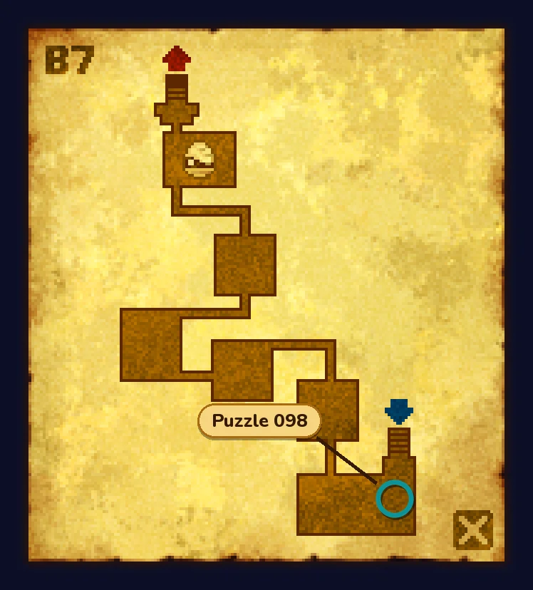 The Ruins B7 map on old yellow parchment, labelled B7: brown rooms joined by corridors, a red arrow at the top above a room with a pale round emblem in it, a blue arrow above the room at the bottom right, a small X box in the bottom right corner, and a teal ring in the right part of the room at the bottom right, with a label reading Puzzle 098