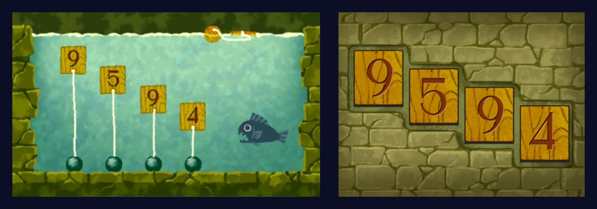 The finished puzzle: on the top screen, a glass water tank with a wooden ball floating at the surface, four metal balls on the bottom holding panels 9, 5, 9 and 4 on cords that get shorter from left to right, and a dark fish on the right; on the touch screen, the four wooden slots in the stone wall showing 9, 5, 9 and 4 from left to right
