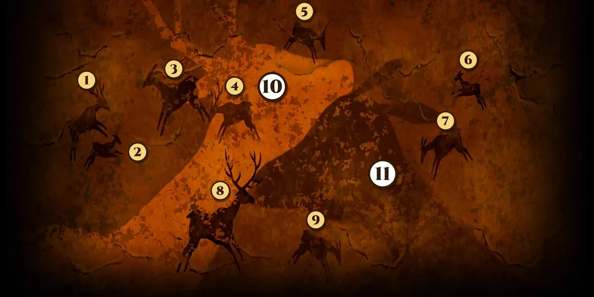 The whole cave painting, fully lit: nine small dark deer on orange and brown rock are numbered 1 to 9 with gold badges; a white badge with the number 10 sits on a huge orange deer shape near its head at the top, and a white badge with the number 11 sits on a huge dark brown deer shape to its right