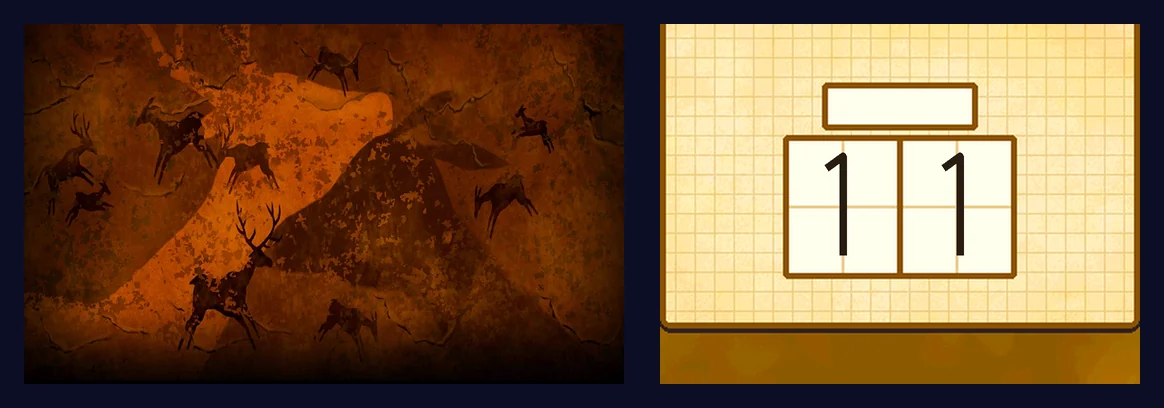 The finished puzzle: on the top screen, the painting fully lit, with small dark deer on orange rock and a big dark brown shape across the middle; on the touch screen, two answer boxes on squared paper with 1 written in each box