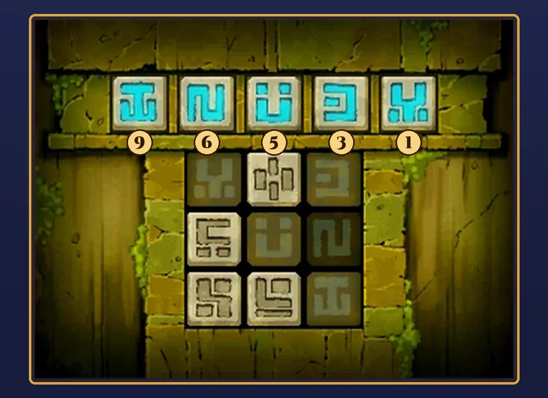 Gate to the Ruins solved: blocks 9, 6, 5, 3 and 1 glowing blue in the door slots, with blocks 2, 4, 7 and 8 left in the grid