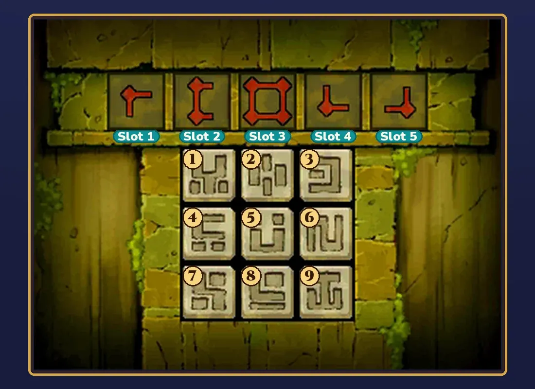 Miracle Mask Puzzle 100 Gate to the Ruins 3x3 stone grid with the blocks numbered 1 to 9 and the five door slots labeled Slot 1 to Slot 5 from left to right