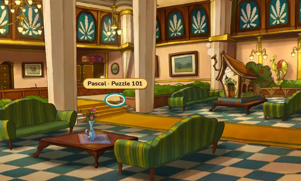 The Dromedary Lobby: a grand hotel lobby with a front desk beside a short flight of steps, a teal ring around the spot by the desk and a gold label reading Pascal, Puzzle 101