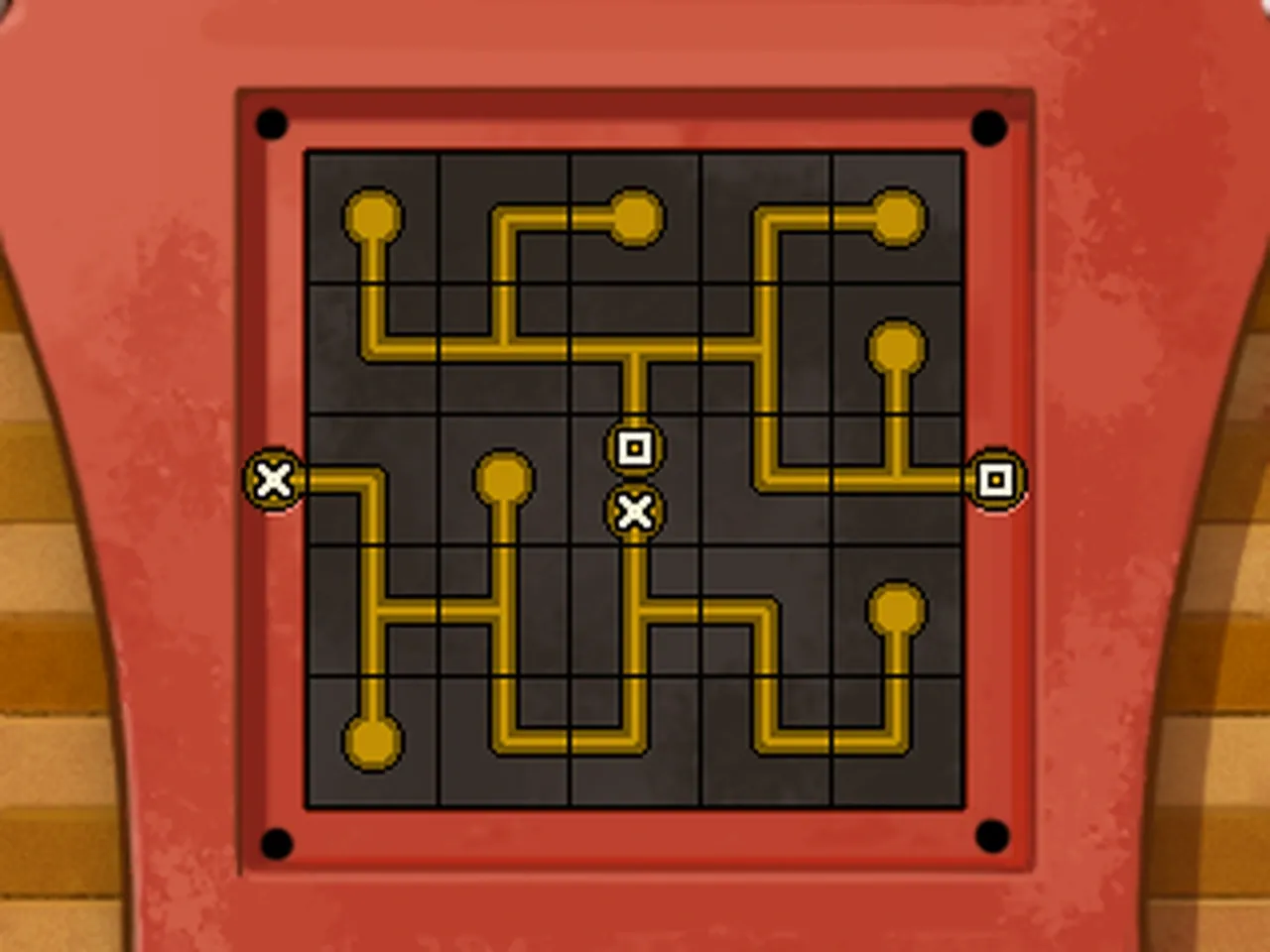 The finished wiring on the touch screen: every gold wire section joins up, the cross terminal on the left links through the lower half of the grid to the cross terminal in the centre, and the square terminal on the right links through the upper half to the square terminal in the centre