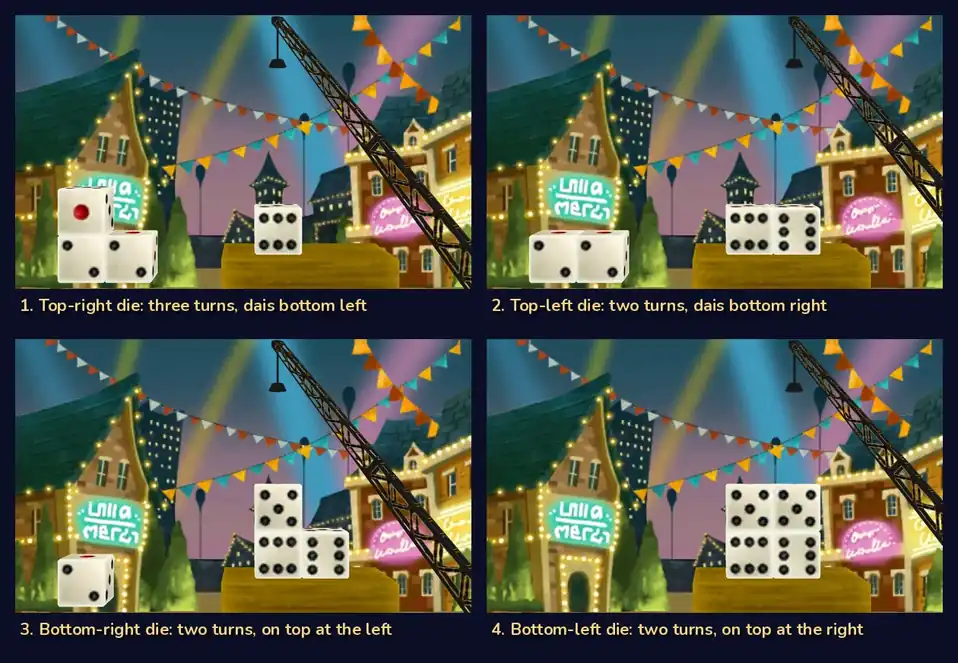 Four frames of the crane moves: 1, the top-right die, turned three times, goes on the dais at the bottom left; 2, the top-left die, turned twice, goes on the dais at the bottom right; 3, the bottom-right die, turned twice, goes on top at the left; 4, the bottom-left die, turned twice, goes on top at the right