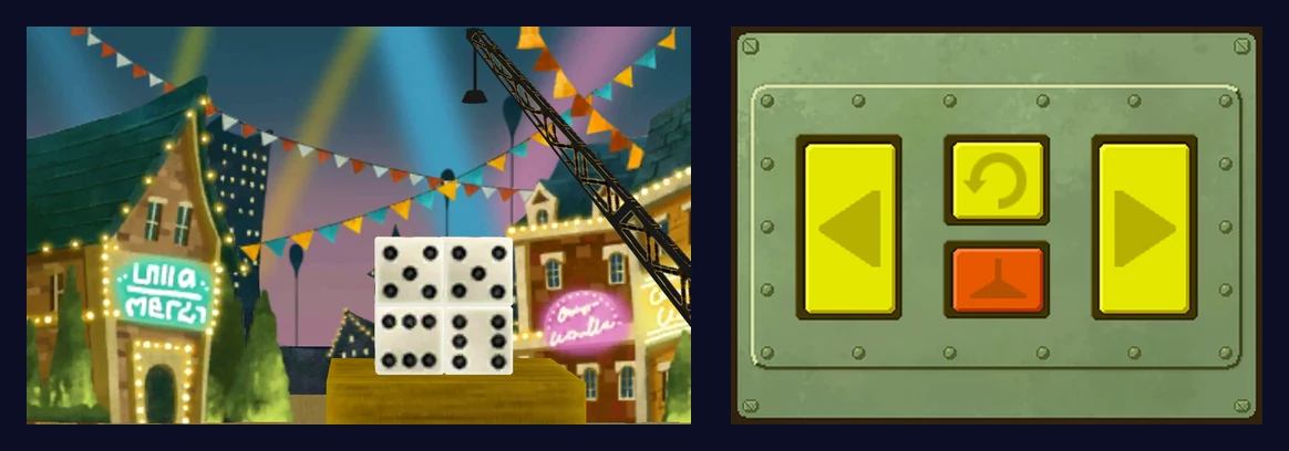 The finished puzzle: the four dice stacked two by two on the yellow dais, showing 5 and 5 on the top row and 6 and 6 on the bottom row, with the green crane control panel on the touch screen