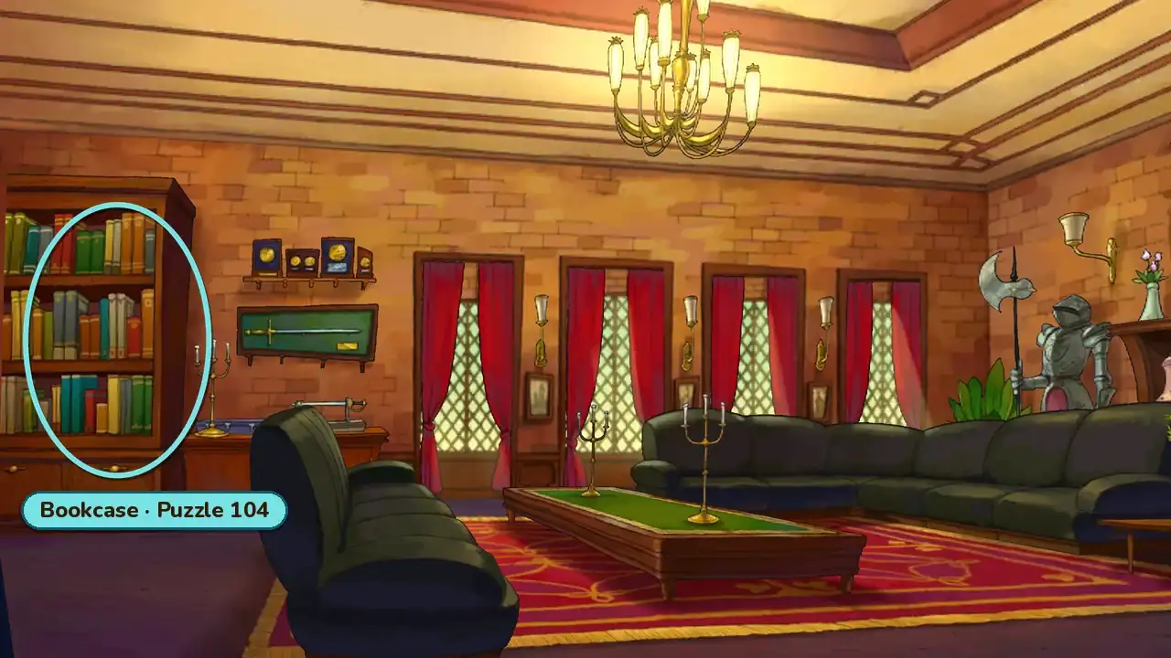 Dalston Parlor: a richly furnished room with a tall bookcase on the left, a teal ring on the bookcase and a gold label reading Bookcase, Puzzle 104