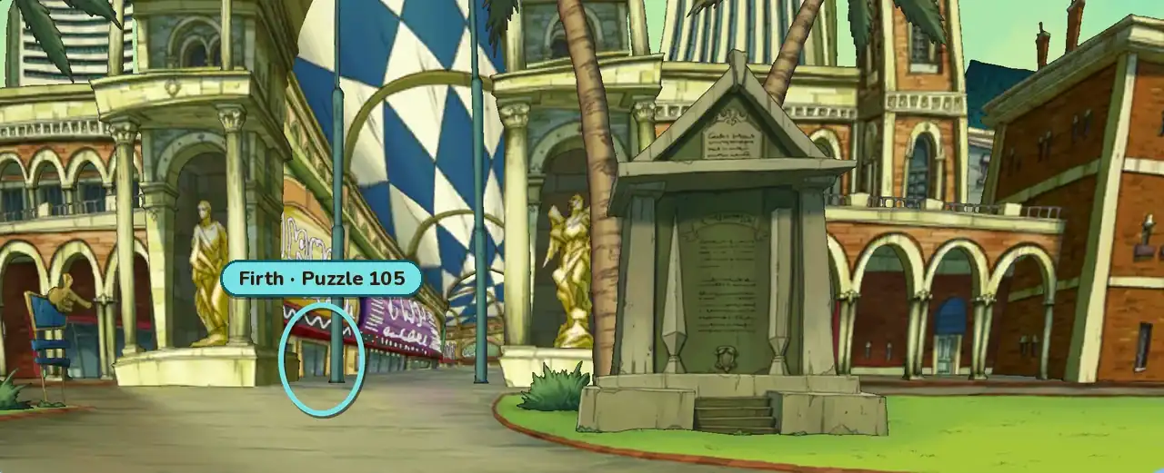 The City Monument square: a stone monument in the middle with golden statues, arcades and pillars around it, a teal ring by the left pillar and a gold label reading Firth, Puzzle 105