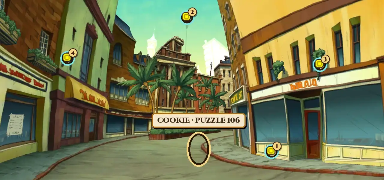 The Merchant District by day: a shopping street with shop fronts on both sides and a row of palm trees in the middle, a gold ring in the road left of the palm trees with a plate reading Cookie, Puzzle 106, and four numbered hint-coin markers on the shop fronts, a balloon, a hanging plant and a wall lamp