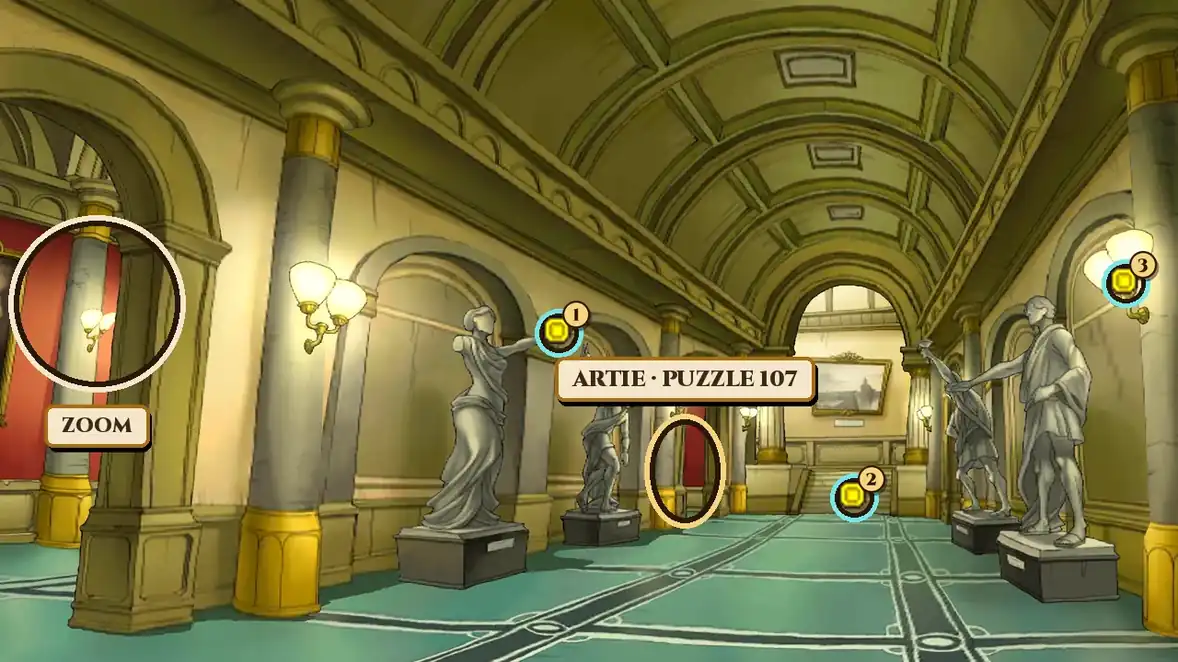 The main hall of Montsarton Gallery: red walls, statues and a far archway, a gold ring between the statues in front of the archway with a plate reading Artie, Puzzle 107, three numbered hint-coin markers at the left statue's hand, on the stairs and at the light on the right, and a ring marked Zoom on the left archway