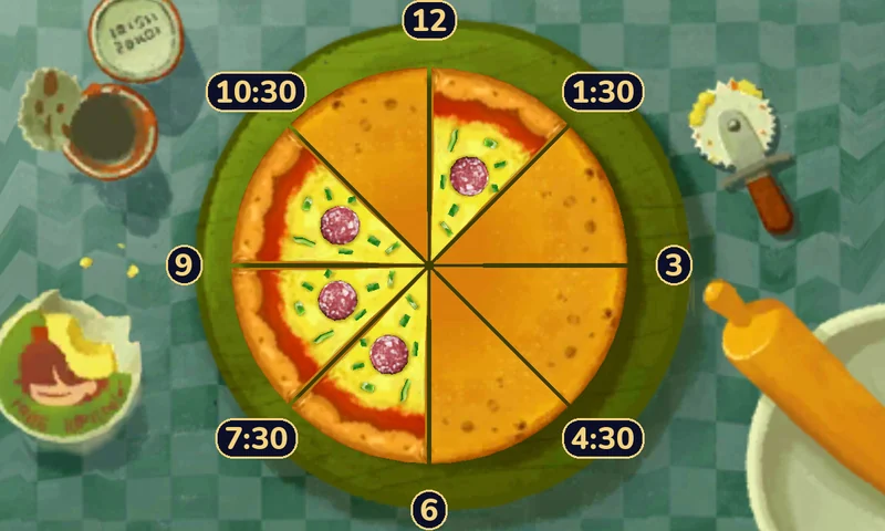 The pizza from the top screen with clock-face labels at the eight cuts: 12 at the top, then 1:30, 3, 4:30, 6, 7:30, 9 and 10:30 going clockwise