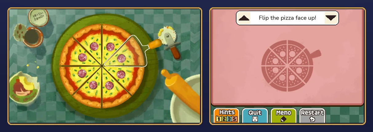 The finished pizza on the top screen: all eight pepperoni slices face up on the green board, with the spatula under the slice from 1:30 to 3